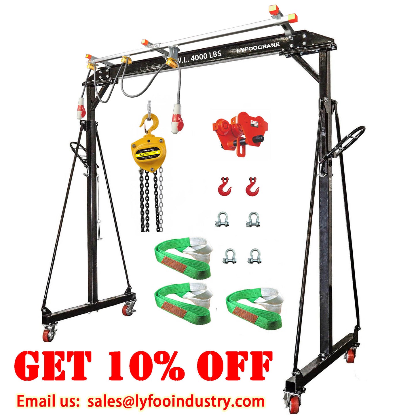 Gantry Crane Kit Pro 4000 Lbs Shop Crane 2T with Hoist, Trolley, Sling, Shackles, Hooks and Festoon System Garage Gantry Crane