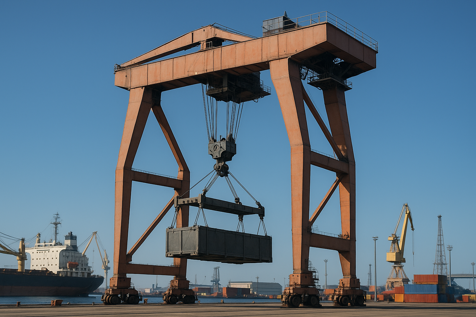 a huge gantry crane running on the shipyard, the sky is blue, and the crane is lifting a big project