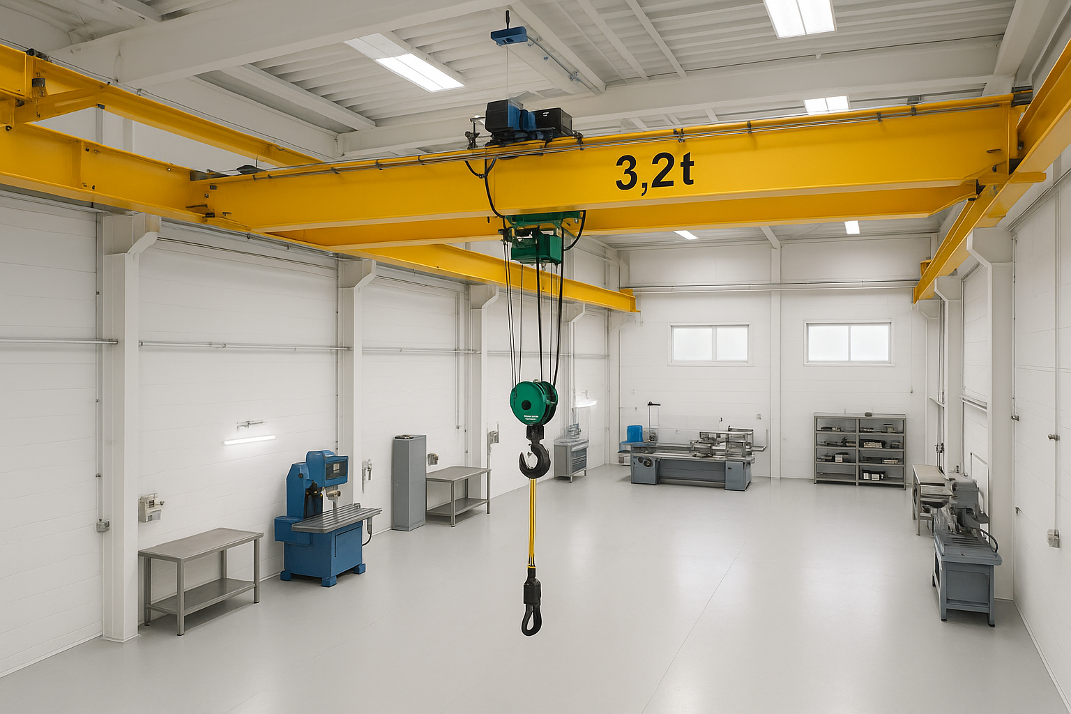 overhead traveling crane in a workshop, the workshop is bright and clean